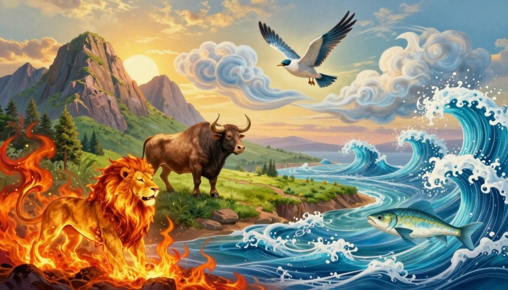 A stunning depiction of the four astrological elements: Fire, Earth, Air, and Water, represented through their respective symbols and imagery. In the foreground, vibrant flames dance for Fire, with a roaring lion symbolizing passion and energy. In the middle layer, lush green landscapes and stable mountains epitomize Earth, featuring a grounded bull representing reliability. Air is illustrated with soft, swirling clouds and a graceful bird in flight, embodying freedom and intellect. In the background, gentle waves and flowing rivers beautifully depict Water, accompanied by a serene fish symbolizing emotion and intuition. The scene is illuminated by a warm, golden sunset, casting a magical glow over the elements, creating a harmonious atmosphere. The overall mood is captivating and mystical, inviting viewers to explore the essence of each astrological energy. A stunning depiction of the four astrological elements: Fire, Earth, Air, and Water, represented through their respective symbols and imagery. In the foreground, vibrant flames dance for Fire, with a roaring lion symbolizing passion and energy. In the middle layer, lush green landscapes and stable mountains epitomize Earth, featuring a grounded bull representing reliability. Air is illustrated with soft, swirling clouds and a graceful bird in flight, embodying freedom and intellect. In the background, gentle waves and flowing rivers beautifully depict Water, accompanied by a serene fish symbolizing emotion and intuition. The scene is illuminated by a warm, golden sunset, casting a magical glow over the elements, creating a harmonious atmosphere. The overall mood is captivating and mystical, inviting viewers to explore the essence of each astrological energy.