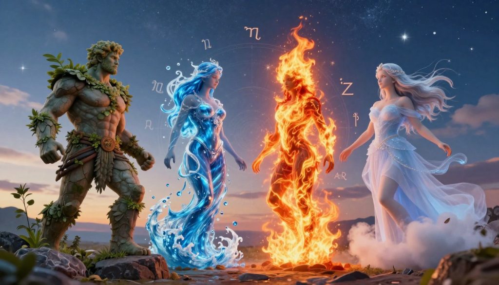 A stunning depiction of the four classical elements representing the zodiac signs: Earth, Water, Fire, and Air. In the foreground, visualize each element anthropomorphized, embodying their characteristics: a sturdy figure for Earth with rocks and greenery, a flowing figure for Water with waves and droplets, a fiery figure radiating warmth and flames, and an airy figure depicted with wisps of clouds and a breeze. In the middle ground, seamlessly blend these figures to reflect their interconnectedness, surrounded by symbols of the zodiac signs relevant to each element. The background showcases a celestial sky transitioning from day to night, with twinkling stars. Soft, ethereal lighting enhances the mystical atmosphere, evoking a sense of harmony and balance among the elements. Use a slightly low angle to capture the grandeur of the scene, emphasizing unity and diversity.