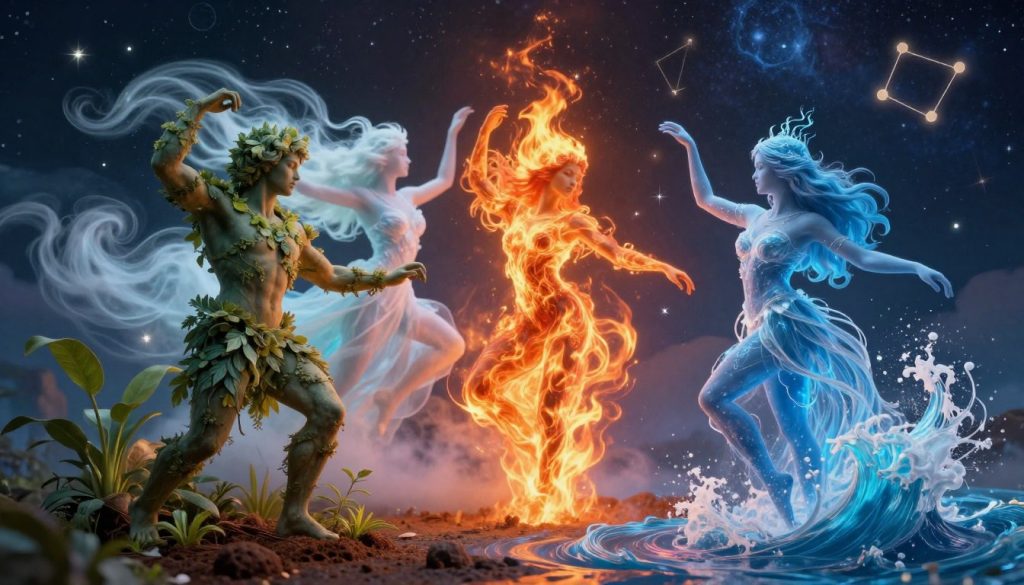 A stunning representation of the zodiac elements: Earth, Air, Fire, and Water, symbolically personified as four ethereal beings in a harmonious dance. In the foreground, the Earth figure, sturdy and grounded, is adorned with lush plants and rich soil. The Air figure, light and airy, swirls with soft clouds and gentle breezes. In the middle, the Fire figure radiates warmth with flickering flames, while the Water figure gracefully flows with cascading waves. The background features a celestial sky filled with twinkling stars and mystical constellations. The mood is enchanting and mystical, illuminated by soft, ethereal lighting that creates a dreamlike atmosphere. Shot with a wide-angle lens to capture the grandeur of the elements in unity, emphasizing their dynamic interactions. The composition is balanced, with each element reflecting its unique characteristics while conveying the interconnectedness of the zodiac. A stunning representation of the zodiac elements: Earth, Air, Fire, and Water, symbolically personified as four ethereal beings in a harmonious dance. In the foreground, the Earth figure, sturdy and grounded, is adorned with lush plants and rich soil. The Air figure, light and airy, swirls with soft clouds and gentle breezes. In the middle, the Fire figure radiates warmth with flickering flames, while the Water figure gracefully flows with cascading waves. The background features a celestial sky filled with twinkling stars and mystical constellations. The mood is enchanting and mystical, illuminated by soft, ethereal lighting that creates a dreamlike atmosphere. Shot with a wide-angle lens to capture the grandeur of the elements in unity, emphasizing their dynamic interactions. The composition is balanced, with each element reflecting its unique characteristics while conveying the interconnectedness of the zodiac.
