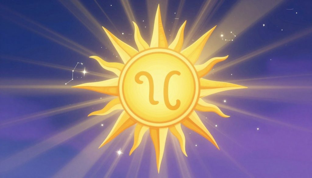 A sunny zodiac symbol radiating warmth and positivity, showcasing a stylized, intricate sun design at the center with astrological motifs surrounding it. The foreground features vibrant colors like yellow and gold, with beams of sunlight streaming outward, hinting at the traits of confidence and vitality associated with the Leo sign. In the middle ground, soft sparkling effects suggest the glow of celestial energy, while delicate constellations intertwine, adding depth to the design. The background is a harmonious blend of deep blue and purple tones representing the night sky, evoking a sense of mystery and wonder. The lighting is bright and uplifting, casting gentle highlights and shadows, creating an overall inviting and inspirational atmosphere. The composition is balanced and symmetrical, emphasizing the central symbol to captivate and engage viewers.