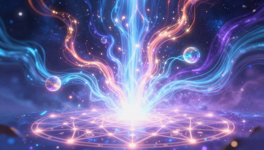 A surreal representation of "energy," showcasing vibrant streams of light and color radiating from a central source, depicting various forms of energy such as electric sparks, flowing water, and swirling air currents. In the foreground, intricate geometric patterns symbolize the structure of destiny matrices, glowing softly. The middle ground features ethereal orbs representing different energy types, hovering amidst a dynamic interplay of light. In the background, a soft-focus cosmic scene of stars and galaxies adds depth, enhancing the feeling of limitless potential. The overall atmosphere is mystical and enlightening, with bright, luminescent colors contrasted by deep blues and purples, creating a sense of harmony. Use soft, diffused lighting to enhance the ethereal quality of the image, with a wide-angle lens effect to capture the vastness of energy in motion. A surreal representation of "energy," showcasing vibrant streams of light and color radiating from a central source, depicting various forms of energy such as electric sparks, flowing water, and swirling air currents. In the foreground, intricate geometric patterns symbolize the structure of destiny matrices, glowing softly. The middle ground features ethereal orbs representing different energy types, hovering amidst a dynamic interplay of light. In the background, a soft-focus cosmic scene of stars and galaxies adds depth, enhancing the feeling of limitless potential. The overall atmosphere is mystical and enlightening, with bright, luminescent colors contrasted by deep blues and purples, creating a sense of harmony. Use soft, diffused lighting to enhance the ethereal quality of the image, with a wide-angle lens effect to capture the vastness of energy in motion.