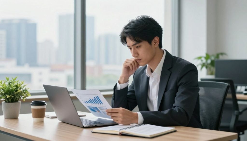 A thoughtful young professional, dressed in a sharp business suit, sits at a modern office desk, examining financial charts and reports on a sleek laptop. In the foreground, a neatly organized desk features a notebook, a cup of coffee, and a potted plant, emphasizing a sense of financial caution and strategic planning. The middle background displays a large window with a view of a bustling city skyline, suggesting ambition and the broader economic landscape. Soft, natural light floods the room, creating a calm but focused atmosphere. The overall mood conveys determination and fiscal responsibility, framed by a contemporary, refined office environment that echoes themes of work and money management for the Gemini horoscope today. A thoughtful young professional, dressed in a sharp business suit, sits at a modern office desk, examining financial charts and reports on a sleek laptop. In the foreground, a neatly organized desk features a notebook, a cup of coffee, and a potted plant, emphasizing a sense of financial caution and strategic planning. The middle background displays a large window with a view of a bustling city skyline, suggesting ambition and the broader economic landscape. Soft, natural light floods the room, creating a calm but focused atmosphere. The overall mood conveys determination and fiscal responsibility, framed by a contemporary, refined office environment that echoes themes of work and money management for the Gemini horoscope today.