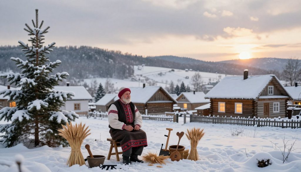 A tranquil Ukrainian winter scene depicting traditional customs and weather signs associated with January 11th. In the foreground, a wise elderly folk figure in modest clothing, surrounded by snow-covered pine trees and traditional symbols of prosperity, such as wheat sheaves and wooden tools. The middle ground features quaint, traditional Ukrainian houses with warm light emanating from their windows, suggesting a cozy atmosphere. Soft snowflakes fall gently from a gray sky, creating a serene mood. In the background, rolling hills covered in a thick layer of snow contrast with the soft glow of the sunset, illuminating the scene with a warm, golden light. Capture the essence of folk traditions and the beauty of winter, emphasizing the harmony of nature and culture. A tranquil Ukrainian winter scene depicting traditional customs and weather signs associated with January 11th. In the foreground, a wise elderly folk figure in modest clothing, surrounded by snow-covered pine trees and traditional symbols of prosperity, such as wheat sheaves and wooden tools. The middle ground features quaint, traditional Ukrainian houses with warm light emanating from their windows, suggesting a cozy atmosphere. Soft snowflakes fall gently from a gray sky, creating a serene mood. In the background, rolling hills covered in a thick layer of snow contrast with the soft glow of the sunset, illuminating the scene with a warm, golden light. Capture the essence of folk traditions and the beauty of winter, emphasizing the harmony of nature and culture.