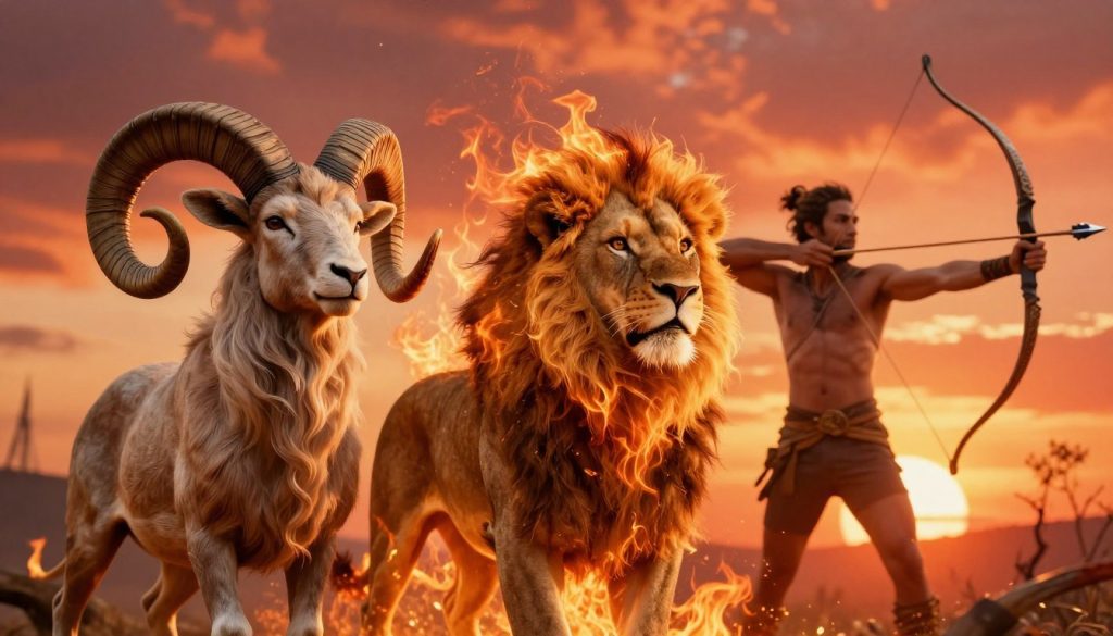 A vibrant and dynamic composition capturing the essence of the fire zodiac signs: Aries, Leo, and Sagittarius. In the foreground, an artistic representation of a ram symbolizes Aries, its horns elegantly spiraled, exuding confidence. Beside it, a majestic lion embodies Leo, exuding strength and regality, its mane flowing like fiery flames. In the background, a spirited archer embodies Sagittarius, drawing back his bow, with a comet-like arrow ready to soar. The setting sun paints the sky in warm oranges and reds, casting a golden glow over the scene, enhancing the fiery theme. Utilize deep focus to highlight each astrological symbol with clarity. The atmosphere should be energetic and bold, reflecting the spirited nature of these signs. The overall image should evoke a sense of passion and vitality, showcasing the unique traits of each fire sign. A vibrant and dynamic composition capturing the essence of the fire zodiac signs: Aries, Leo, and Sagittarius. In the foreground, an artistic representation of a ram symbolizes Aries, its horns elegantly spiraled, exuding confidence. Beside it, a majestic lion embodies Leo, exuding strength and regality, its mane flowing like fiery flames. In the background, a spirited archer embodies Sagittarius, drawing back his bow, with a comet-like arrow ready to soar. The setting sun paints the sky in warm oranges and reds, casting a golden glow over the scene, enhancing the fiery theme. Utilize deep focus to highlight each astrological symbol with clarity. The atmosphere should be energetic and bold, reflecting the spirited nature of these signs. The overall image should evoke a sense of passion and vitality, showcasing the unique traits of each fire sign.