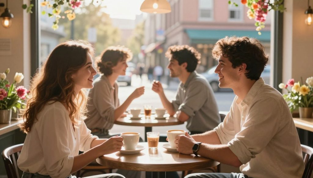 A vibrant and enchanting scene capturing the essence of love, relationships, and new acquaintances as they align with the Aquarius zodiac. In the foreground, two individuals, a man and a woman, dressed in modest casual clothing, are engaging in a lighthearted conversation over coffee at a cozy café table with warm sunlight streaming through the window, creating a welcoming atmosphere. In the middle ground, soft-focused silhouettes of other pairs can be seen, enjoying their time together in nurturing and joyful interactions, indicating the theme of new connections. The background features a picturesque city street with blooming flowers and colorful decorations, evoking a sense of hope and renewal. The overall mood is uplifting and romantic, highlighted by gentle, golden-hour lighting that adds to the dreamy feel of the scene.