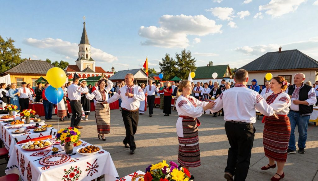 A vibrant celebration scene in Ukraine, bustling with festivities symbolizing a holiday. In the foreground, a diverse group of people, including men and women of various ages, dressed in traditional Ukrainian clothing, joyously interacting and engaging in traditional dances. The middle ground features decorated tables laden with traditional Ukrainian dishes, colorful flowers, and ornate handmade crafts. Balloons and flags flutter in the gentle breeze, adding to the festive atmosphere. In the background, a clear blue sky with a few fluffy clouds, and historic Ukrainian architecture, like churches and folk houses, creating a culturally rich setting. The warm, golden lighting of late afternoon enhances the cheerful mood, capturing the essence of unity and celebration. The angle is slightly elevated, providing a panoramic view of the joyful gathering. A vibrant celebration scene in Ukraine, bustling with festivities symbolizing a holiday. In the foreground, a diverse group of people, including men and women of various ages, dressed in traditional Ukrainian clothing, joyously interacting and engaging in traditional dances. The middle ground features decorated tables laden with traditional Ukrainian dishes, colorful flowers, and ornate handmade crafts. Balloons and flags flutter in the gentle breeze, adding to the festive atmosphere. In the background, a clear blue sky with a few fluffy clouds, and historic Ukrainian architecture, like churches and folk houses, creating a culturally rich setting. The warm, golden lighting of late afternoon enhances the cheerful mood, capturing the essence of unity and celebration. The angle is slightly elevated, providing a panoramic view of the joyful gathering.