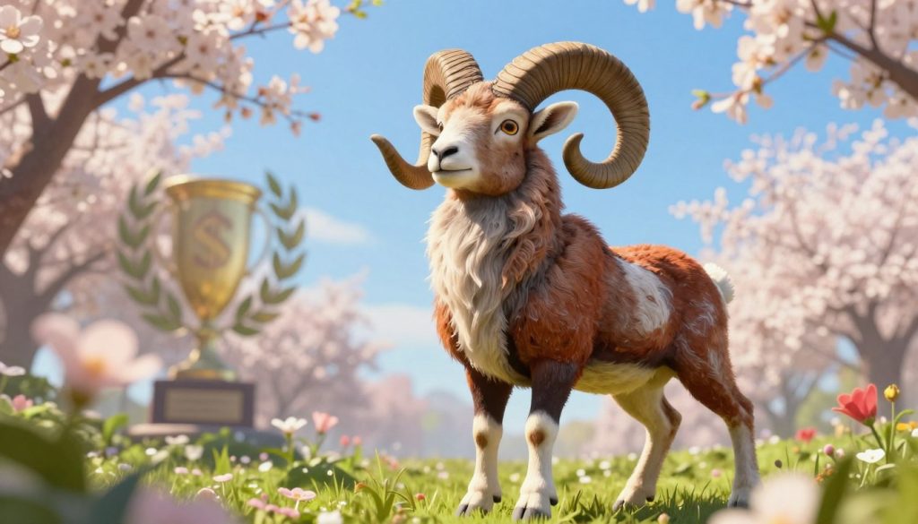 A vibrant representation of an Aries born at the end of March, set against a backdrop of springtime blooming flowers and bright green foliage. In the foreground, a symbol of Aries, a ram, stands proudly, embodying confidence and determination. The ram is depicted with dynamic posture and vivid, rich colors, showcasing its powerful horns and fur. In the middle ground, subtle representations of success symbols like a trophy or laurel branches are interspersed among the flowers. The background features a clear blue sky, hinting at renewal and new beginnings, with soft, warm sunlight illuminating the scene to create an uplifting atmosphere. Use a slightly low-angle perspective to enhance the majesty of the ram and the beauty of the surroundings. The overall mood is one of optimism and strength.