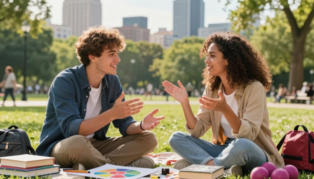 A vibrant scene capturing the essence of the Gemini zodiac sign, illustrating twin individuals representing the duality of life. In the foreground, two young adults, one male and one female, dressed in stylish yet professional attire, engage in a lively conversation while surrounded by various symbols of their interests—books, art supplies, and fitness gear, reflecting their diverse hobbies. The middle ground features lush greenery and a serene park, suggesting a healthy lifestyle and outdoor activities, while the background showcases a sunlit urban skyline, hinting at professional aspirations. The lighting is warm and inviting, enhancing the dynamic atmosphere, with a focus on the lively expressions of the characters. The composition should be balanced, emphasizing harmony between personal and professional growth.