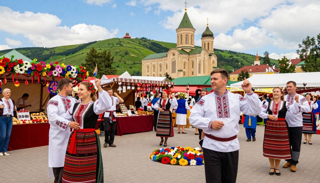 A vibrant Ukrainian festival scene filled with people celebrating a national holiday. In the foreground, a diverse group of men and women dressed in traditional Ukrainian attire, such as embroidered shirts and folk dresses, are joyfully participating in traditional dances. Brightly colored flowers and traditional decorations adorn the scene. In the middle, a festive market is bustling with stalls selling local crafts, food, and cultural ornaments, creating an inviting atmosphere. The background features picturesque Ukrainian architecture, including ornate cathedrals and lush green hills under a bright blue sky. Soft, warm lighting enhances the joyous mood, capturing the spirit of celebration and cultural heritage. The image should evoke a sense of community, pride, and happiness without any text elements. A vibrant Ukrainian festival scene filled with people celebrating a national holiday. In the foreground, a diverse group of men and women dressed in traditional Ukrainian attire, such as embroidered shirts and folk dresses, are joyfully participating in traditional dances. Brightly colored flowers and traditional decorations adorn the scene. In the middle, a festive market is bustling with stalls selling local crafts, food, and cultural ornaments, creating an inviting atmosphere. The background features picturesque Ukrainian architecture, including ornate cathedrals and lush green hills under a bright blue sky. Soft, warm lighting enhances the joyous mood, capturing the spirit of celebration and cultural heritage. The image should evoke a sense of community, pride, and happiness without any text elements.