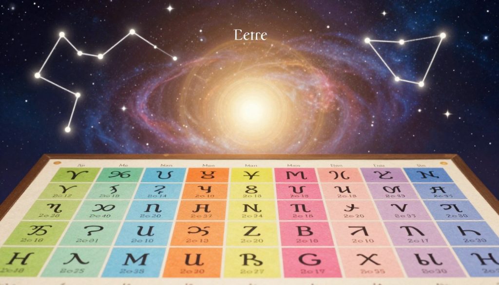 A visually appealing astrology birth date table, featuring vibrant zodiac symbols and corresponding date ranges for each sign. The foreground displays a beautifully designed, colorful chart with a smooth texture, showcasing symbols for each zodiac sign such as Aries, Taurus, and so on. In the middle, a softly glowing celestial background with stars and constellations creates an ethereal atmosphere, emphasizing the connection between astrology and the cosmos. The lighting is warm and inviting, with gentle highlights that accentuate the colors of the zodiac symbols. The overall composition is balanced and harmonious, with an emphasis on clarity and organization, appealing to readers interested in zodiac signs by month. The tone is informative yet enchanting, drawing viewers into the mystical world of astrology. A visually appealing astrology birth date table, featuring vibrant zodiac symbols and corresponding date ranges for each sign. The foreground displays a beautifully designed, colorful chart with a smooth texture, showcasing symbols for each zodiac sign such as Aries, Taurus, and so on. In the middle, a softly glowing celestial background with stars and constellations creates an ethereal atmosphere, emphasizing the connection between astrology and the cosmos. The lighting is warm and inviting, with gentle highlights that accentuate the colors of the zodiac symbols. The overall composition is balanced and harmonious, with an emphasis on clarity and organization, appealing to readers interested in zodiac signs by month. The tone is informative yet enchanting, drawing viewers into the mystical world of astrology.