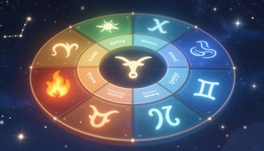 A visually captivating illustration of the zodiac classification, focusing on the four elements: fire, earth, air, and water. In the foreground, elegantly designed representations of each zodiac sign, like Aries, Taurus, Gemini, and Cancer, adorned with symbolic elements relating to their virtues and astrology. In the middle ground, a circular arrangement depicting the seasonal quadrants: spring, summer, autumn, and winter, blending seamlessly into the background. The background features celestial imagery, stars, and constellations softly glowing against a deep midnight blue sky, creating an ethereal atmosphere. The overall mood is mystical and enlightening. Use soft, diffused lighting to enhance the details, with a slightly tilted perspective to create depth, akin to a close-up shot capturing both the intricate zodiac symbols and the elegance of the celestial theme. A visually captivating illustration of the zodiac classification, focusing on the four elements: fire, earth, air, and water. In the foreground, elegantly designed representations of each zodiac sign, like Aries, Taurus, Gemini, and Cancer, adorned with symbolic elements relating to their virtues and astrology. In the middle ground, a circular arrangement depicting the seasonal quadrants: spring, summer, autumn, and winter, blending seamlessly into the background. The background features celestial imagery, stars, and constellations softly glowing against a deep midnight blue sky, creating an ethereal atmosphere. The overall mood is mystical and enlightening. Use soft, diffused lighting to enhance the details, with a slightly tilted perspective to create depth, akin to a close-up shot capturing both the intricate zodiac symbols and the elegance of the celestial theme.