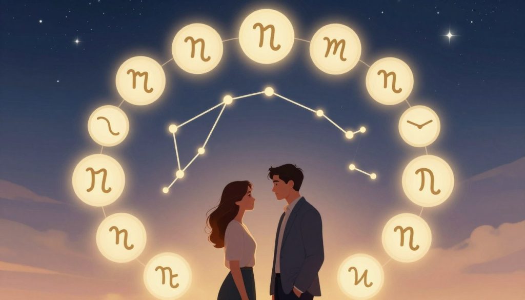 A visually captivating illustration of zodiac sign compatibility, showcasing twelve distinct zodiac symbols arranged in a harmonious circle. In the foreground, a couple dressed in professional attire embodies the essence of their respective signs, exuding traits associated with their zodiac. Soft, warm lighting bathes the scene, creating an inviting atmosphere that encourages connection. The middle layer features elegantly intertwined constellations representing different signs, with some constellations glowing subtly, symbolizing compatibility. The background is a serene starry sky that fades into a twilight gradient, enhancing the celestial theme. The overall mood is one of unity and balance, inviting viewers to explore the nuances of relationships and friendships between zodiac signs. A visually captivating illustration of zodiac sign compatibility, showcasing twelve distinct zodiac symbols arranged in a harmonious circle. In the foreground, a couple dressed in professional attire embodies the essence of their respective signs, exuding traits associated with their zodiac. Soft, warm lighting bathes the scene, creating an inviting atmosphere that encourages connection. The middle layer features elegantly intertwined constellations representing different signs, with some constellations glowing subtly, symbolizing compatibility. The background is a serene starry sky that fades into a twilight gradient, enhancing the celestial theme. The overall mood is one of unity and balance, inviting viewers to explore the nuances of relationships and friendships between zodiac signs.