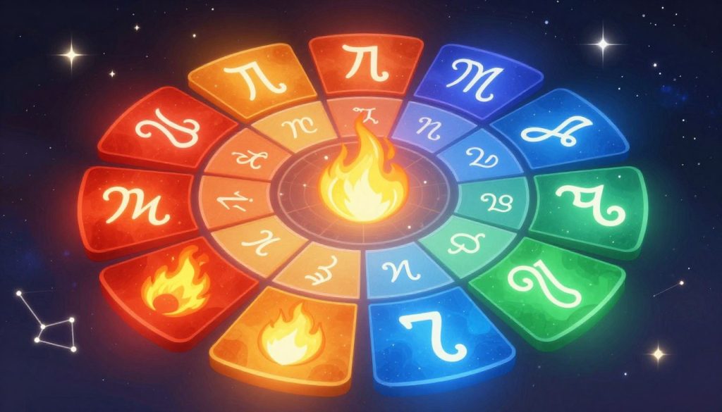 A visually captivating illustration representing the classification of zodiac signs, featuring twelve distinct symbols, each corresponding to a zodiac sign, artistically arranged in a circular layout. In the foreground, incorporate vibrant images of the four elemental associations: fire, earth, air, and water, creatively displayed as glyphs intertwining with the zodiac symbols. The middle ground should display a color palette reflecting the qualities and temperaments of each sign, transitioning smoothly from bold reds and oranges for fire to calming blues and greens for water. In the background, a soft celestial backdrop filled with twinkling stars and subtle constellations enhances the theme of astrology, creating a mystical and harmonious atmosphere. Use warm lighting to evoke a sense of wonder and connection to the cosmos, with a slightly elevated angle to showcase the circular arrangement effectively. A visually captivating illustration representing the classification of zodiac signs, featuring twelve distinct symbols, each corresponding to a zodiac sign, artistically arranged in a circular layout. In the foreground, incorporate vibrant images of the four elemental associations: fire, earth, air, and water, creatively displayed as glyphs intertwining with the zodiac symbols. The middle ground should display a color palette reflecting the qualities and temperaments of each sign, transitioning smoothly from bold reds and oranges for fire to calming blues and greens for water. In the background, a soft celestial backdrop filled with twinkling stars and subtle constellations enhances the theme of astrology, creating a mystical and harmonious atmosphere. Use warm lighting to evoke a sense of wonder and connection to the cosmos, with a slightly elevated angle to showcase the circular arrangement effectively.