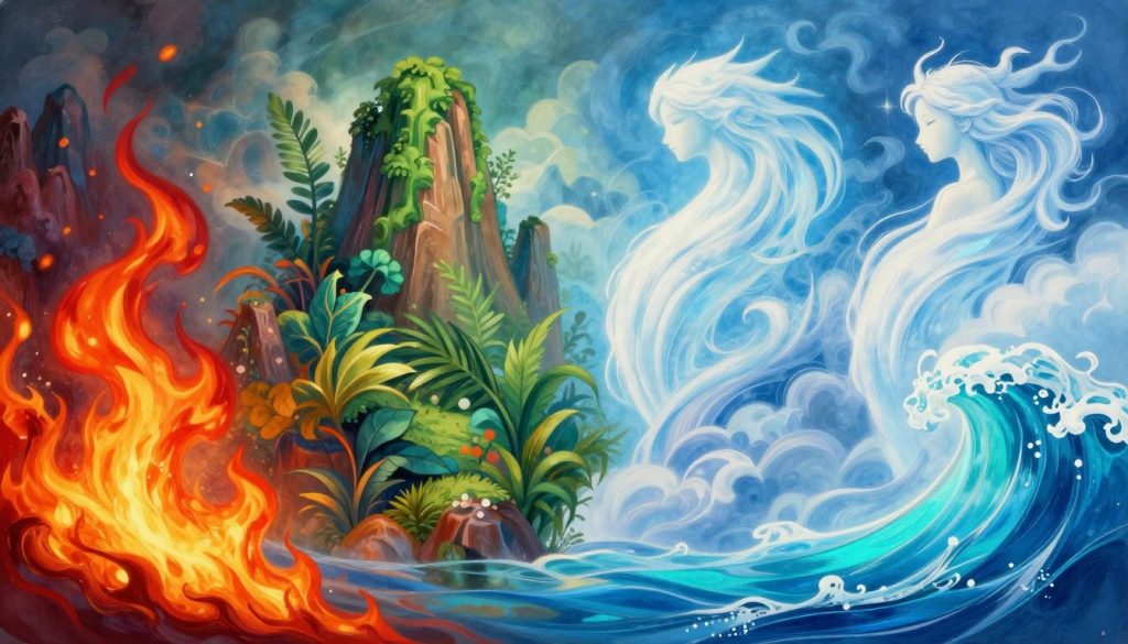 A visually striking composition representing the four zodiac elements: Fire, Earth, Air, and Water. In the foreground, represent Fire with flaming red and orange hues, symbolizing passion and energy. The Earth element is depicted with rich greens and browns, showcasing stability and nurturing qualities through lush plants and mountains. Air is illustrated with soft blues and whites, embodying freedom and intellect, conveying a sense of movement with wispy clouds. Water reflects calmness and intuition with shades of blue and turquoise, flowing gracefully. The background features a harmonious blend of the four elements merging together. Soft, ethereal lighting highlights each element, creating a serene yet dynamic atmosphere. Capture the essence of the zodiac signs and their elemental associations, focusing on their symbolic traits without any human subjects or text overlays.