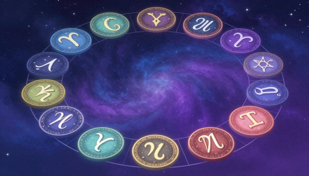 A visually striking illustration of the zodiac signs and their corresponding dates, arranged in an elegant circular format. In the foreground, the twelve zodiac symbols are beautifully detailed with ornate designs, each symbol representing a distinct astrological sign, such as Aries, Taurus, and Gemini, with subtle color variations. In the middle layer, a soft gradient background transitions from deep indigo to twilight purple, symbolizing the cosmos and night sky. Delicate twinkling stars add dimension, enhancing the celestial theme. Lighting is soft and ethereal, creating a mystical atmosphere. Capture this scene from a slightly elevated perspective, focusing on the intricate designs of the signs and the harmonious arrangement that conveys unity among the zodiac calendar. This image should be vibrant, yet calming, inviting viewers to explore the world of astrology.