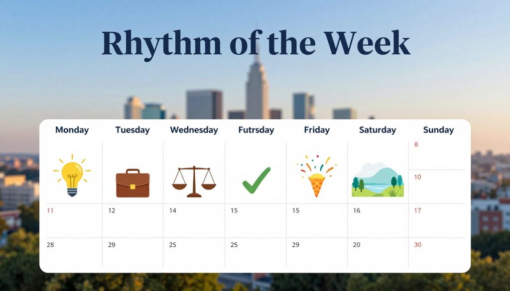 A visually striking representation of "Rhythm of the Week," showcasing different daily activities symbolizing the organized flow of a week. In the foreground, a well-structured calendar with each day beautifully illustrated: Monday with a fresh start mentality; Tuesday with productivity symbols like briefcases and light bulbs; Wednesday embodying balance with equal weights; Thursday suggesting completion with checkmarks; Friday full of joyful elements like celebrations; Saturday depicting relaxation with a peaceful landscape; and Sunday indicating preparation for the week ahead. In the middle ground, a gentle gradient suggesting the passage of time from morning to evening, while the background features a soft, serene city skyline under a clear blue sky. Use natural lighting to evoke a calm and inspirational atmosphere, as if inviting viewers to embrace the rhythm of their week.
