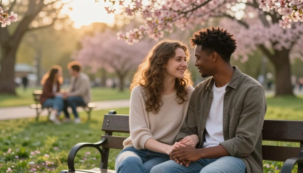 A warm, intimate scene depicting two diverse individuals sitting closely together on a cozy park bench, surrounded by blooming flowers and soft green grass, embodying love and connection. The foreground features their hands gently intertwined, radiating warmth and affection. In the middle ground, a serene environment filled with pastel-colored foliage reflects a peaceful afternoon. A soft golden light filters through the trees, creating a dreamlike atmosphere. The background shows a blurred image of distant couples enjoying each other’s company, suggesting a sense of community and shared love. The overall mood is soothing and romantic, capturing the essence of closeness and nurturing relationships. The composition employs a slight bokeh effect to enhance focus on the couple, evoking feelings of tenderness and harmony.