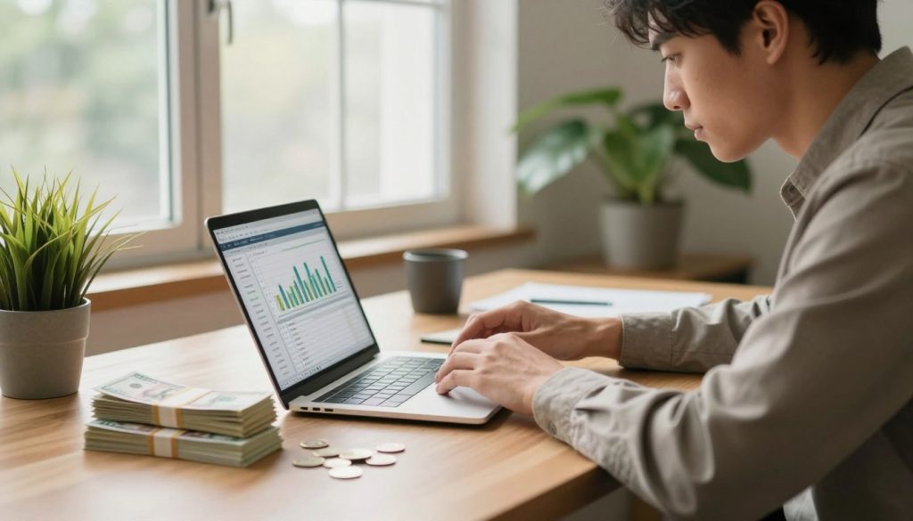 A well-organized workspace featuring a modern desk with a laptop open to a financial analysis spreadsheet, surrounded by stacks of currency and a few coins scattered casually. In the foreground, a professional person in business attire is deeply focused on their work, a look of determination on their face. The middle background consists of a large window letting in soft, natural light that illuminates the room, creating a warm, productive atmosphere. Potted plants are placed strategically on the desk, enhancing the feeling of calm and inspiration. The overall color palette is a balanced mix of earthy tones and hints of green, conveying a sense of stability and prosperity. The image captures the essence of money management and work efficiency, ideal for illustrating themes of financial wisdom and practicality.