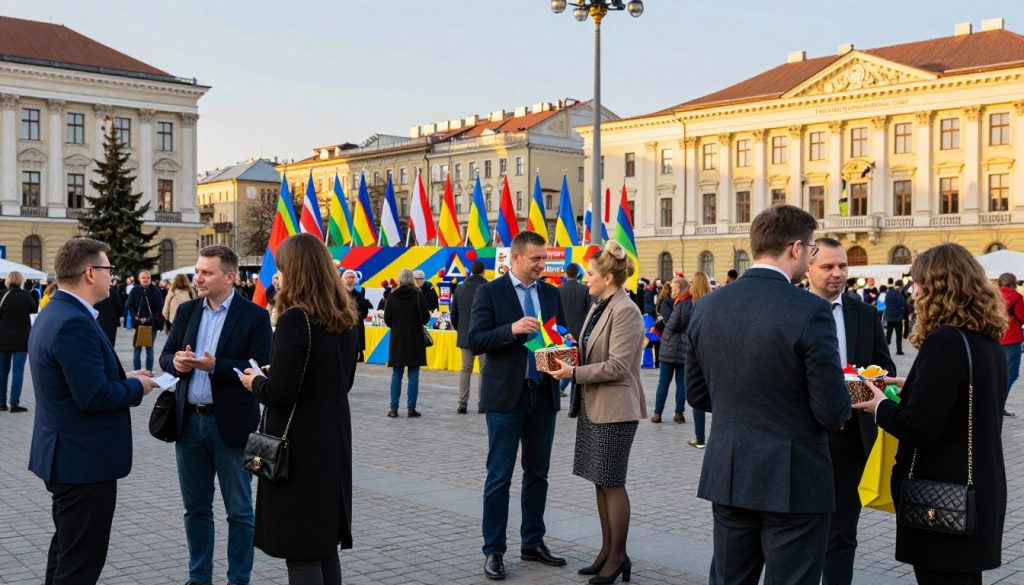 An artistic representation of the "International Day" celebrated on January 11th, set in a vibrant public square in Ukraine. In the foreground, diverse groups of people in professional business attire and modest casual clothing are engaging in friendly conversations and exchanging cultural gifts. In the middle, colorful decorations symbolize various international themes, with flags from different countries. The background features picturesque historical buildings of Ukraine, illuminated by warm, golden afternoon sunlight, creating an inviting atmosphere. The composition captures a sense of unity and celebration, with a wide-angle perspective to emphasize the lively interactions. The overall mood is joyful and festive, embodying the spirit of international camaraderie and cultural exchange.