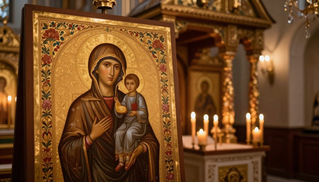 An ornate depiction of the Елецкая чудотворная икона Пресвятой Богородицы, richly detailed with gold and vibrant colors. In the foreground, the icon itself features the Virgin Mary holding the Christ child, surrounded by intricate floral and geometric patterns. The middle ground includes softly flickering candles, lending a warm, inviting glow. The background captures the interior of a traditional Orthodox church with dimly lit wooden beams and softly glowing altar candles, enhancing the sacred atmosphere. Use a soft focus lens to create an ethereal effect, with warm, diffused lighting that emphasizes reverence and spirituality. The overall mood of the image should evoke a sense of peace, contemplation, and veneration. An ornate depiction of the Елецкая чудотворная икона Пресвятой Богородицы, richly detailed with gold and vibrant colors. In the foreground, the icon itself features the Virgin Mary holding the Christ child, surrounded by intricate floral and geometric patterns. The middle ground includes softly flickering candles, lending a warm, inviting glow. The background captures the interior of a traditional Orthodox church with dimly lit wooden beams and softly glowing altar candles, enhancing the sacred atmosphere. Use a soft focus lens to create an ethereal effect, with warm, diffused lighting that emphasizes reverence and spirituality. The overall mood of the image should evoke a sense of peace, contemplation, and veneration.