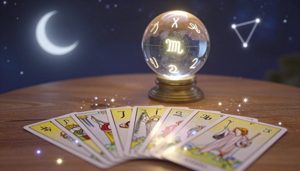 Create an ethereal image depicting the zodiac signs represented as celestial symbols illuminated by soft, mystical light. In the foreground, a collection of Tarot cards is fanned out, each card displaying intricate illustrations of the twelve zodiac signs, surrounded by shimmering stars and a gentle aura. In the middle ground, a crystal ball rests on a delicate wooden table, reflecting the signs and their meanings. The background features a starry night sky, with a crescent moon and twinkling constellations, creating a dreamlike atmosphere. The overall mood should be enchanting and insightful, evoking a sense of wonder and cosmic connection. Use soft, warm lighting to enhance the mystical quality, aiming for a slightly tilted overhead angle to capture the essence of Tarot and zodiac predictions. Create an ethereal image depicting the zodiac signs represented as celestial symbols illuminated by soft, mystical light. In the foreground, a collection of Tarot cards is fanned out, each card displaying intricate illustrations of the twelve zodiac signs, surrounded by shimmering stars and a gentle aura. In the middle ground, a crystal ball rests on a delicate wooden table, reflecting the signs and their meanings. The background features a starry night sky, with a crescent moon and twinkling constellations, creating a dreamlike atmosphere. The overall mood should be enchanting and insightful, evoking a sense of wonder and cosmic connection. Use soft, warm lighting to enhance the mystical quality, aiming for a slightly tilted overhead angle to capture the essence of Tarot and zodiac predictions.