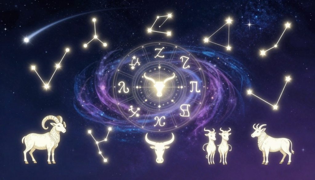Depict the twelve zodiac signs in an enchanting celestial scene, each represented with its constellation shining brightly amidst a starry sky. In the foreground, vividly illustrate Aries, Taurus, and Gemini, adorned with symbols like a ram, bull, and twins, while seamlessly blending into the astrological theme. The middle ground should feature a mystical circle of zodiac symbols surrounded by glowing stars and swirling cosmic elements, evoking a sense of wonder and harmony. In the background, create a deep blue and purple night sky, filled with shooting stars and ethereal clouds, enhancing the atmospheric feel. Use soft, radiant lighting to illuminate the zodiac signs, casting a magical glow that suggests mystery and connection to the universe. Aim for an overall mood of intrigue and celestial beauty. Depict the twelve zodiac signs in an enchanting celestial scene, each represented with its constellation shining brightly amidst a starry sky. In the foreground, vividly illustrate Aries, Taurus, and Gemini, adorned with symbols like a ram, bull, and twins, while seamlessly blending into the astrological theme. The middle ground should feature a mystical circle of zodiac symbols surrounded by glowing stars and swirling cosmic elements, evoking a sense of wonder and harmony. In the background, create a deep blue and purple night sky, filled with shooting stars and ethereal clouds, enhancing the atmospheric feel. Use soft, radiant lighting to illuminate the zodiac signs, casting a magical glow that suggests mystery and connection to the universe. Aim for an overall mood of intrigue and celestial beauty.